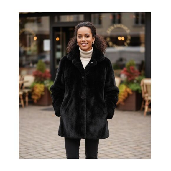 GAP Coat Black Faux Fur Jacket Hooded Vintage Front Pockets Lined Size S/M - Picture 1 of 7